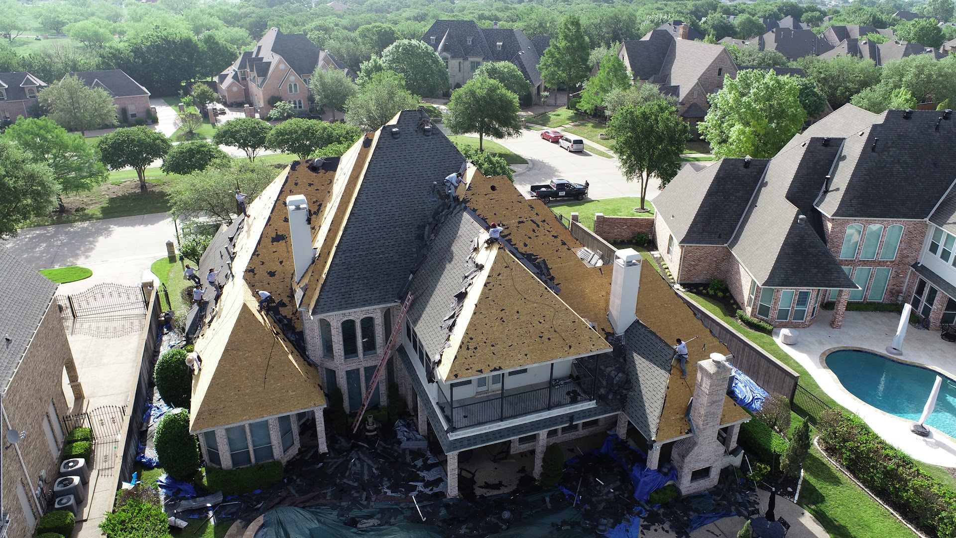 Aerial view of roof under construction on new build