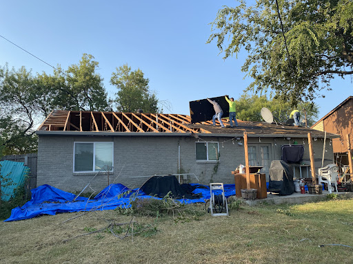 roofers replacing plywood decking on house